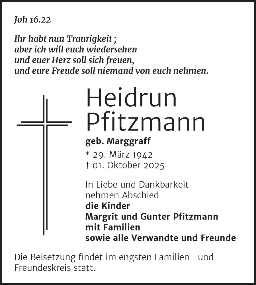  Traueranzeige für Heidrun Pfitzmann vom 18.10.2025 aus Trauerkombi Wittenberg