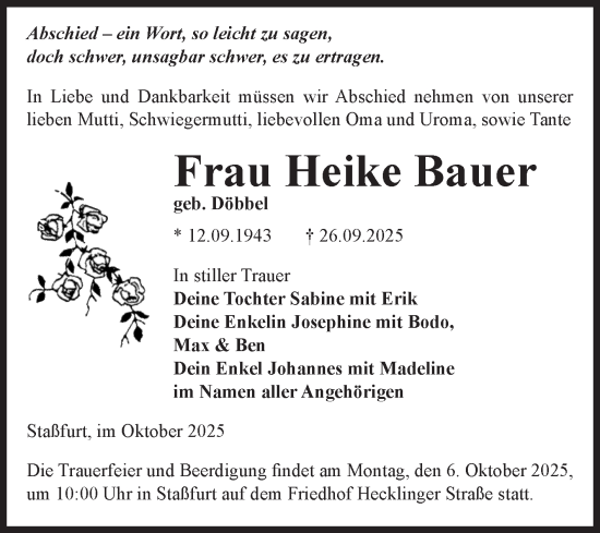 Traueranzeige von Heike Bauer von Volksstimme Staßfurt