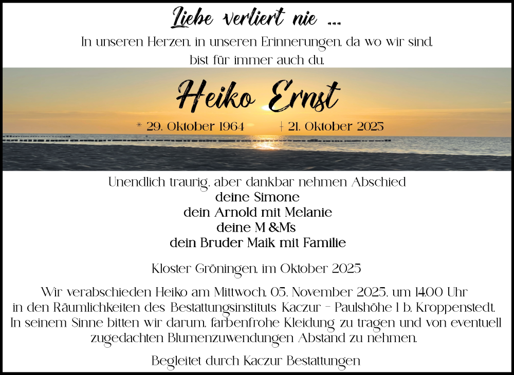  Traueranzeige für Heiko Ernst vom 25.10.2025 aus Volksstimme Oschersleben/Wanzleben