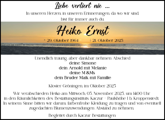 Traueranzeige von Heiko Ernst von Volksstimme Oschersleben/Wanzleben