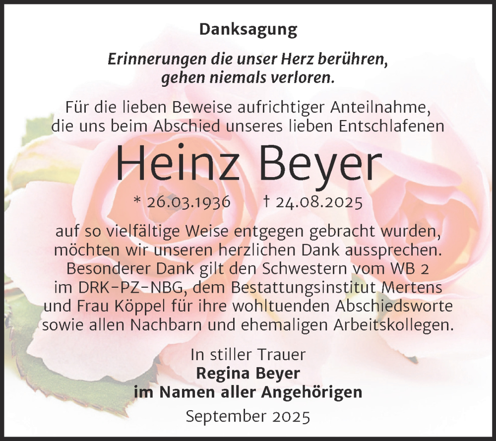  Traueranzeige für Heinz Beyer vom 04.10.2025 aus Super Sonntag Naumburg/Nebra