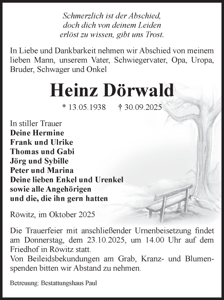  Traueranzeige für Heinz Dörwald vom 04.10.2025 aus Volksstimme Altmark West