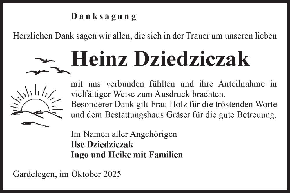  Traueranzeige für Heinz Dziedziczak vom 08.10.2025 aus Volksstimme Altmark West