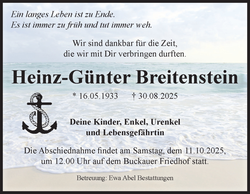  Traueranzeige für Heinz-Günter Breitenstein vom 04.10.2025 aus Volksstimme Magdeburg