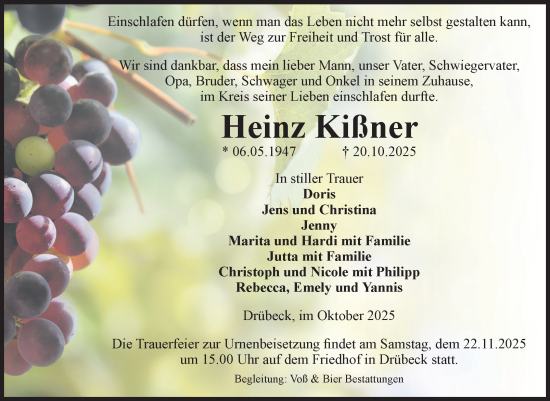 Traueranzeige von Heinz Kißner von Volksstimme Wernigerode