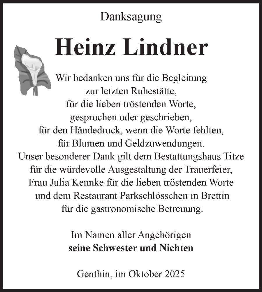  Traueranzeige für Heinz Lindner vom 18.10.2025 aus Volksstimme Burg/Genthin