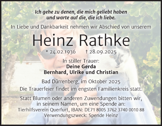 Traueranzeige von Heinz Rathke von Trauerkombi Merseburg