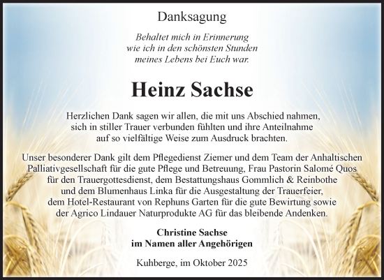 Traueranzeige von Heinz Sachse von Volksstimme Zerbst