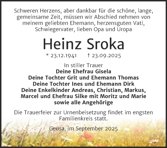 Traueranzeige von Heinz Sroka von Trauerkombi Merseburg