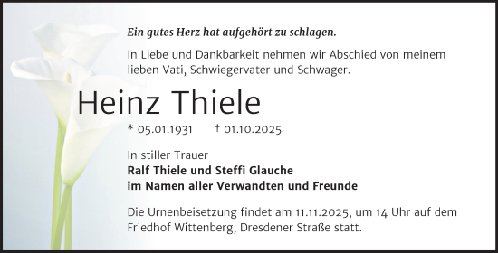 Traueranzeige von Heinz Thiele von Trauerkombi Wittenberg
