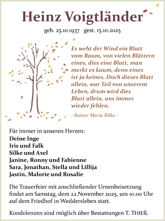 Traueranzeige von Heinz Voigtländer von Trauerkombi Quedlinburg