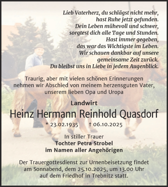 Traueranzeige von Heinz Hermann Reinhold Quasdorf von Trauerkombi Merseburg