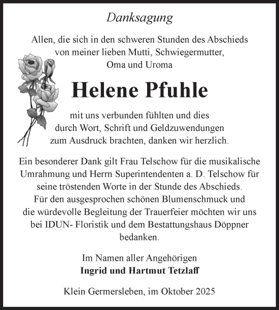 Traueranzeige von Helene Pfuhle von Volksstimme Oschersleben/Wanzleben