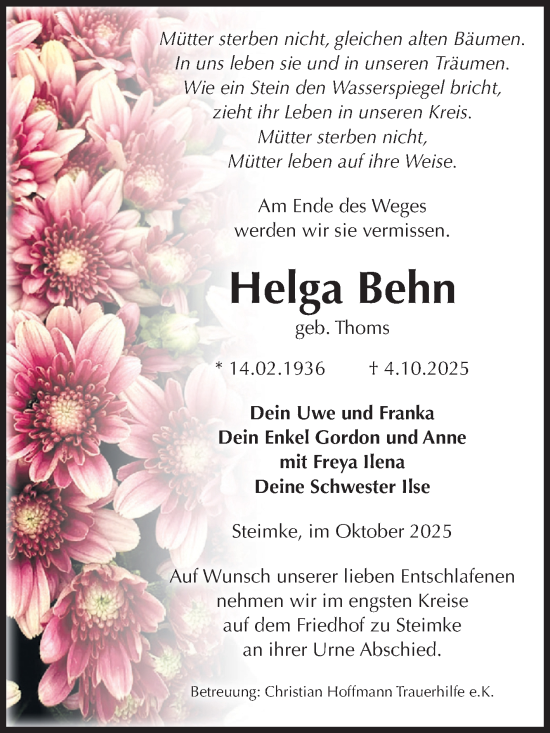 Traueranzeige von Helga Behn von Volksstimme Altmark West