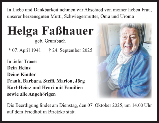 Traueranzeige von Helga Faßhauer von Volksstimme Zerbst