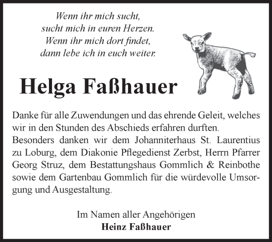 Traueranzeige von Helga Faßhauer von Volksstimme Zerbst