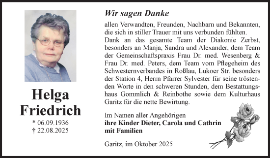 Traueranzeige von Helga Friedrich von Volksstimme Zerbst