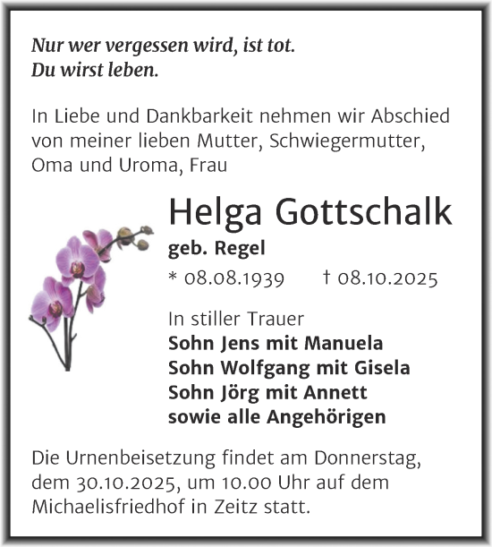 Traueranzeige von Helga Gottschalk von Trauerkombi Zeitz