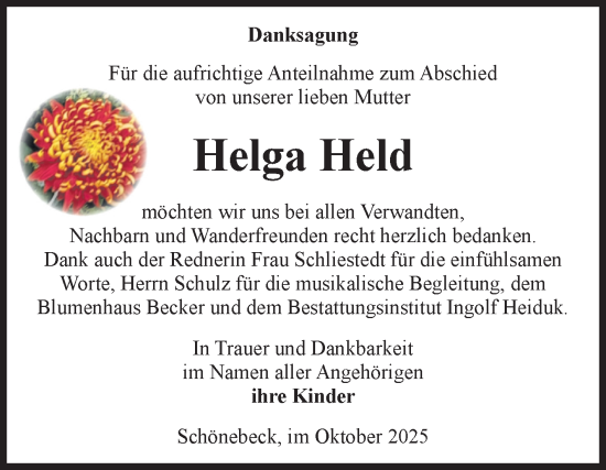 Traueranzeige von Helga Held von Volksstimme Schönebeck