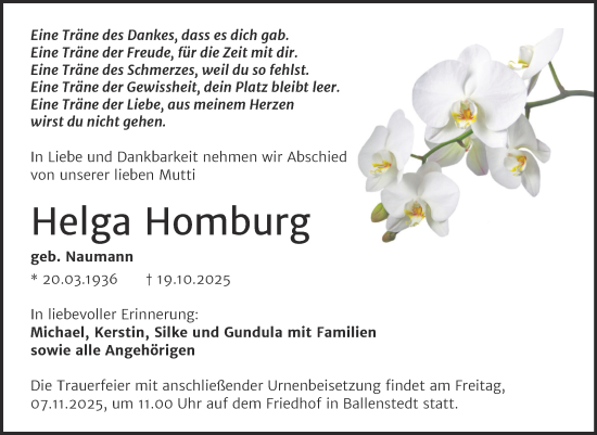 Traueranzeige von Helga Homburg von Trauerkombi Quedlinburg