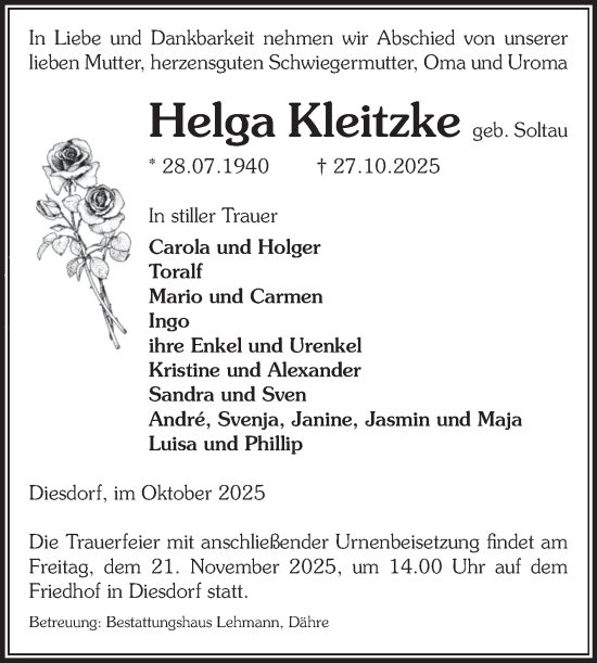 Traueranzeige von Helga Kleitzke von Volksstimme Altmark West