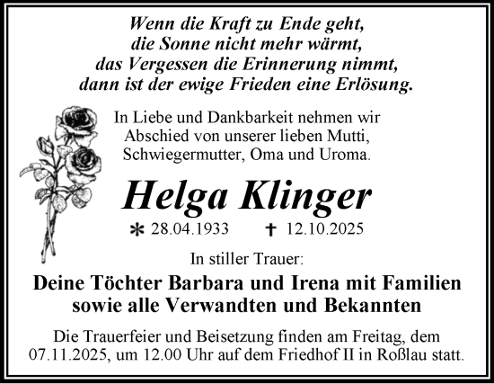 Traueranzeige von Helga Klinger von Trauerkombi Wittenberg