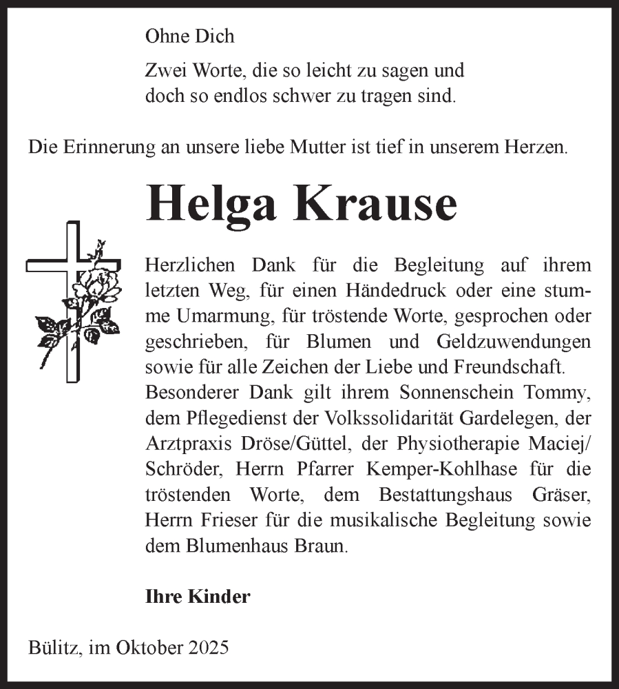  Traueranzeige für Helga Krause vom 25.10.2025 aus Volksstimme Altmark Ost