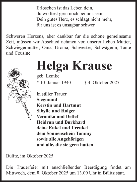 Traueranzeige von Helga Krause von Volksstimme Altmark Ost