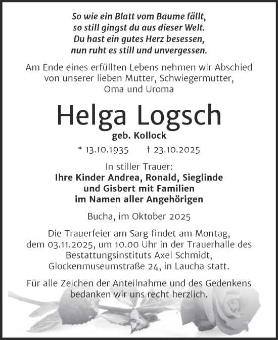 Traueranzeige von Helga Logsch von Naumburger Tageblatt