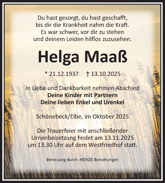 Traueranzeige von Helga Maaß von Volksstimme Schönebeck