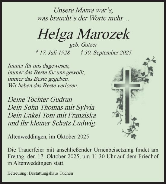 Traueranzeige von Helga Marozek von Volksstimme Oschersleben/Wanzleben