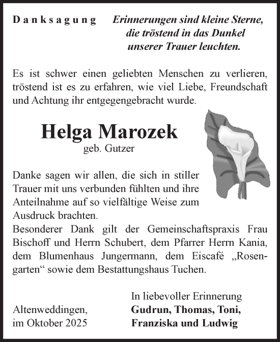 Traueranzeige von Helga Marozek von Volksstimme Oschersleben/Wanzleben