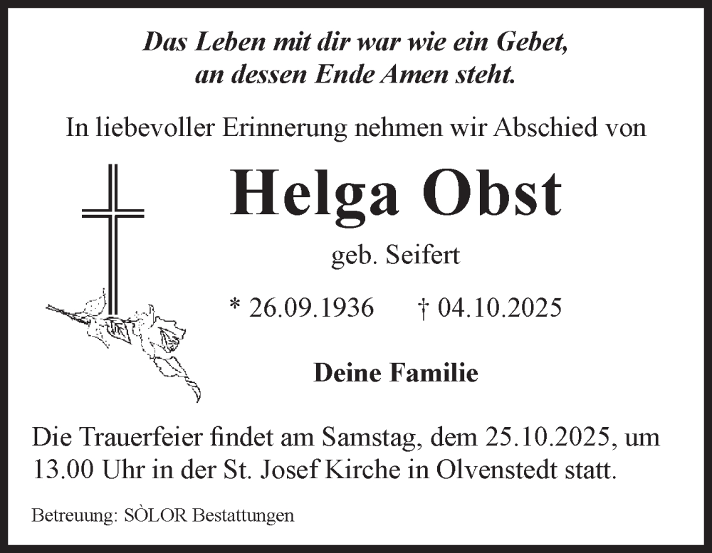 Traueranzeige für Helga Obst vom 18.10.2025 aus Volksstimme Magdeburg