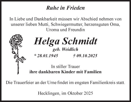 Traueranzeige von Helga Schmidt von Volksstimme Staßfurt