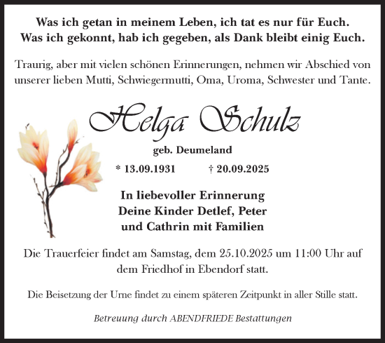 Traueranzeige von Helga Schulz von Volksstimme Magdeburg