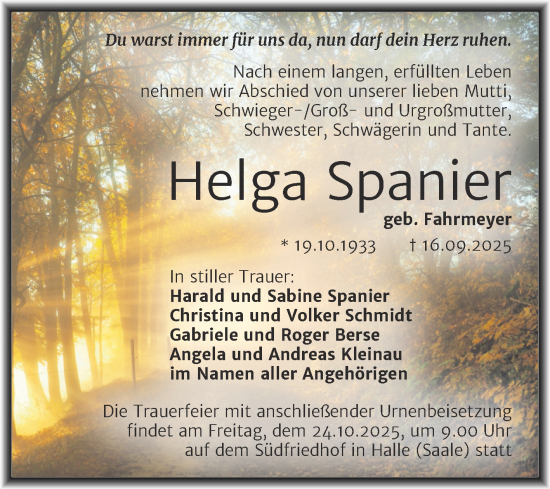 Traueranzeige von Helga Spanier von Mitteldeutsche Zeitung Halle/Saalkreis