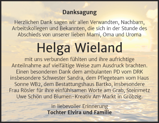 Traueranzeige von Helga Wieland von Trauerkombi Köthen