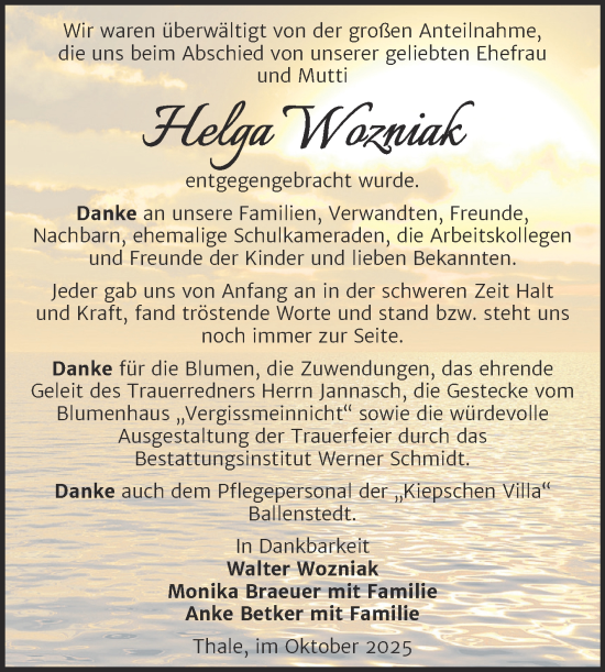 Traueranzeige von Helga Wozniak von Trauerkombi Quedlinburg
