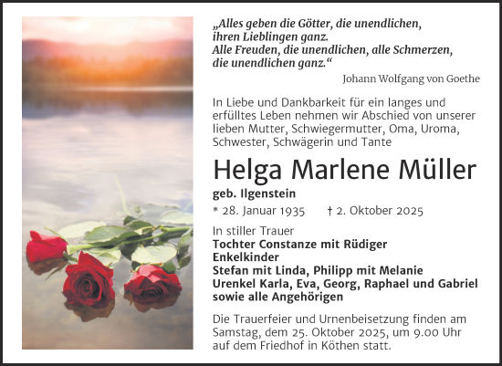 Traueranzeige von Helga Marlene Müller von Trauerkombi Köthen