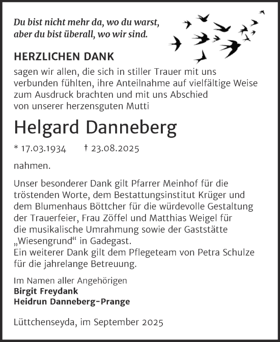 Traueranzeige von Helgard Danneberg von Trauerkombi Wittenberg