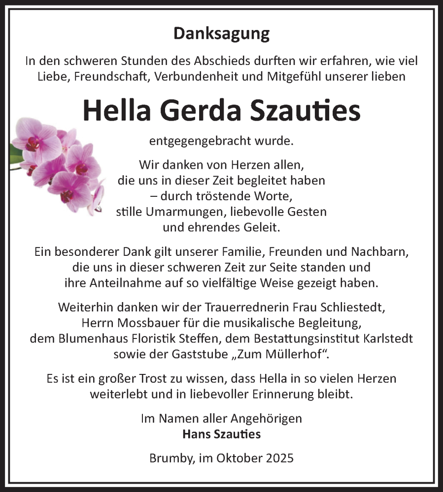  Traueranzeige für Hella Gerda Szauties vom 04.10.2025 aus Volksstimme Schönebeck