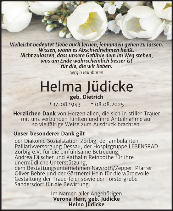 Traueranzeige von Helma Jüdicke von Trauerkombi Bitterfeld