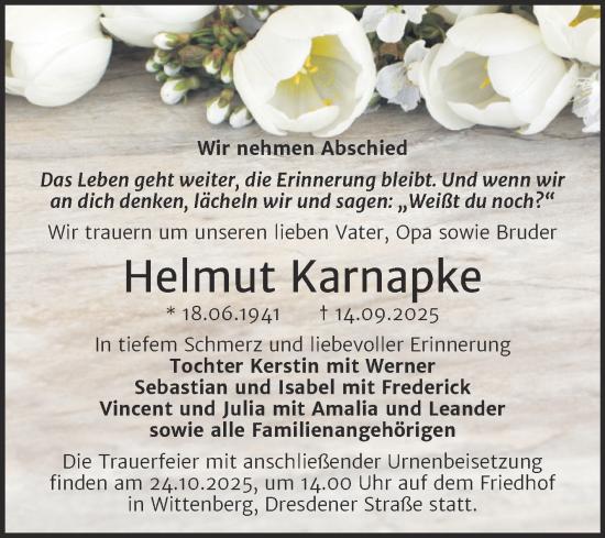 Traueranzeige von Helmut Karnapke von Super Sonntag Wittenberg