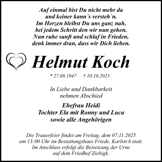 Traueranzeige von Helmut Koch von Trauerkombi Dessau