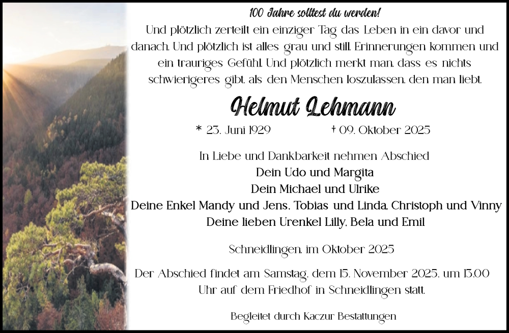  Traueranzeige für Helmut Lehmann vom 18.10.2025 aus Volksstimme Staßfurt