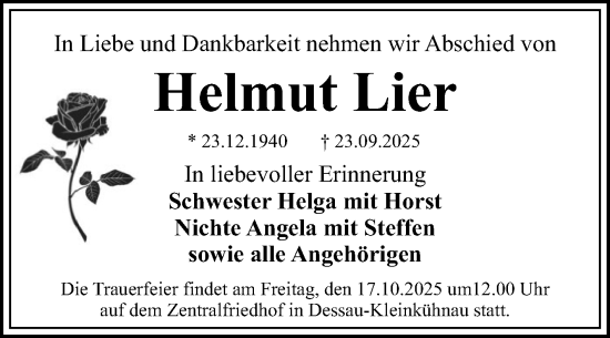Traueranzeige von Helmut Lier von Trauerkombi Dessau