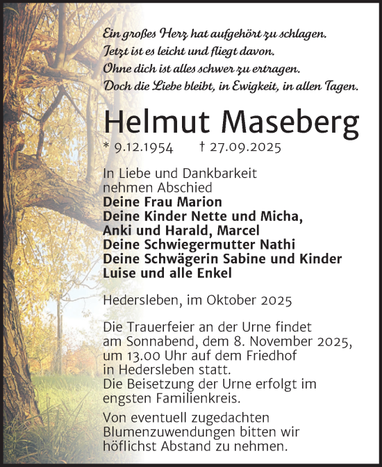 Traueranzeige von Helmut Maseberg von Super Sonntag Quedlingburg