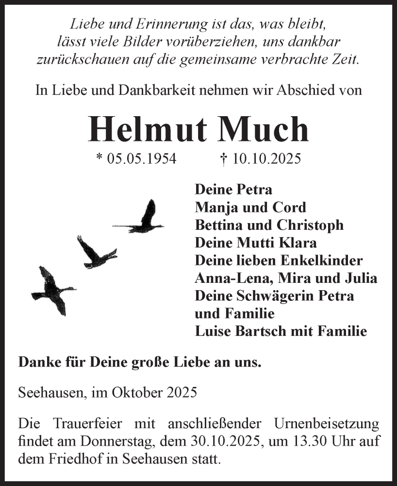 Traueranzeige für Helmut Much vom 18.10.2025 aus Volksstimme Altmark Ost