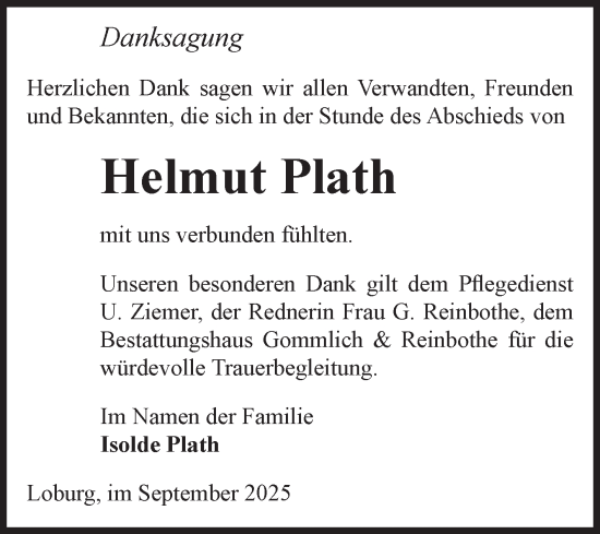 Traueranzeige von Helmut Plath von Volksstimme Zerbst