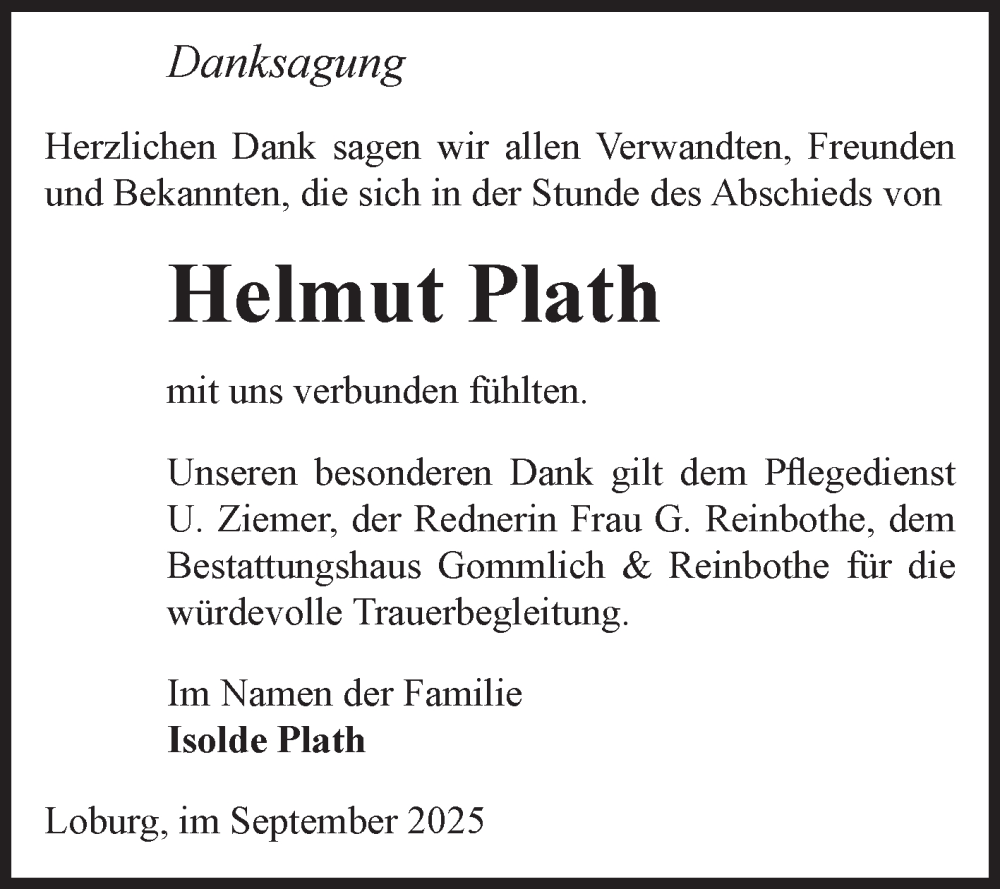  Traueranzeige für Helmut Plath vom 04.10.2025 aus Volksstimme Zerbst